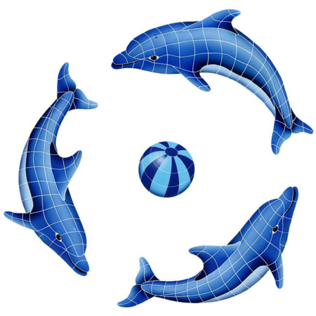 DOLPHIN GROUP (1 LEFT,2 RIGHT,1 FREE BALL) BLUE (DOLGRPM-BL) 62″ x 62″ by Artistry in Mosaics