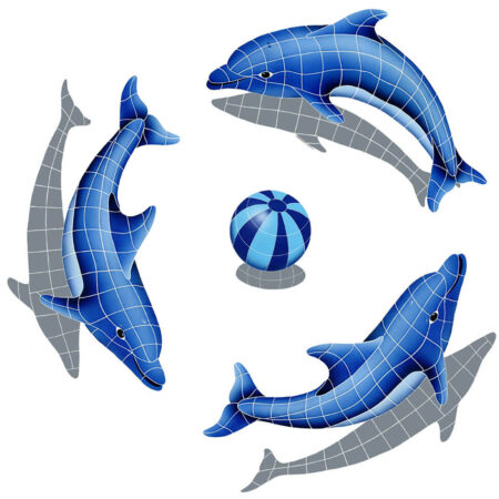 DOLPHIN GROUP SHADOW (1 LEFT,2 RIGHT,1 FREE BALL) BLUE (DSHGRPM-BL)  67″ x 67″ by Artistry in Mosaics
