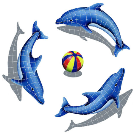 DOLPHIN GROUP SHADOW (1 LEFT,2 RIGHT,1 FREE BALL) MULTI COLOR (DSHGRPS-MC)  48″ x 48″ by Artistry in Mosaics